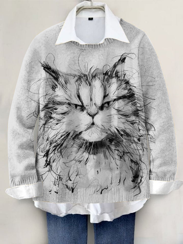 Cute Cat Hand-painted Art Print Knit Pullover Sweater