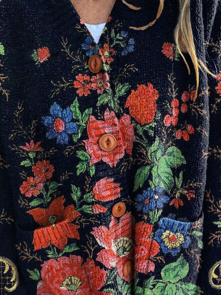 Vintage Lovely Floral Art Print Buttoned Cardigan Sweater
