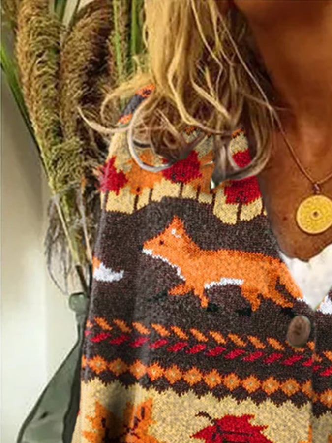 Women's The Fox And Foliage Print Long Sleeve Cardigan