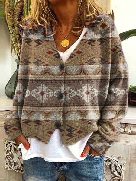 Retro Geometry Print Buttoned Casual Cardigan  Sweater