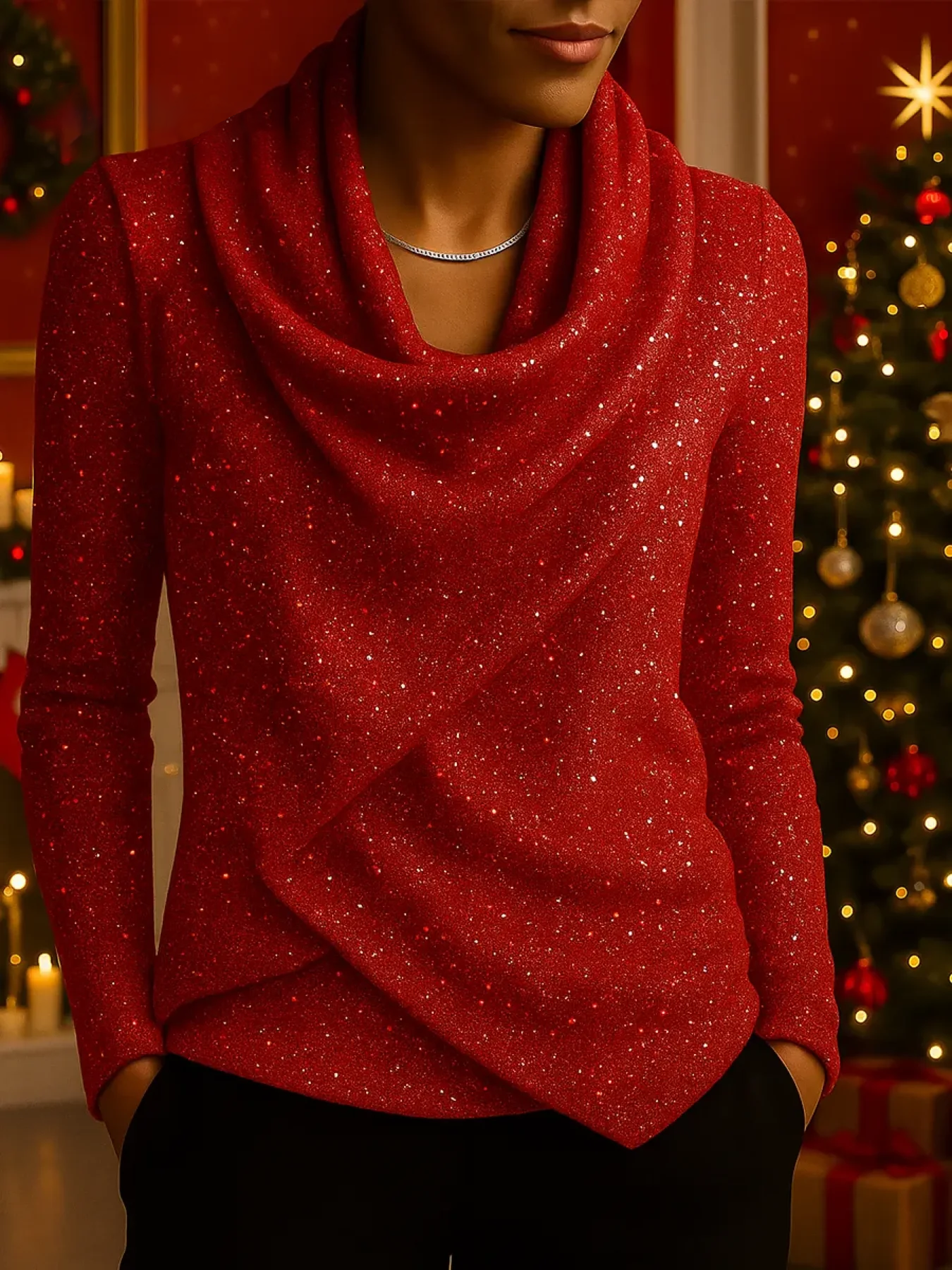 Women's Long Sleeve Sparkling Knit Top with Relaxed Swing Neckline