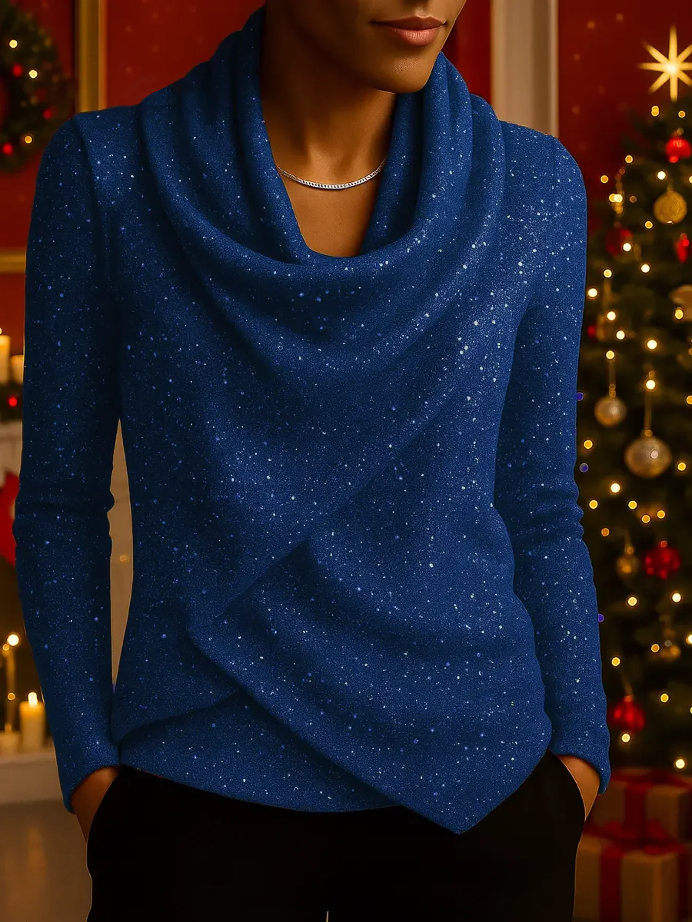 Women's Long Sleeve Sparkling Knit Top with Relaxed Swing Neckline