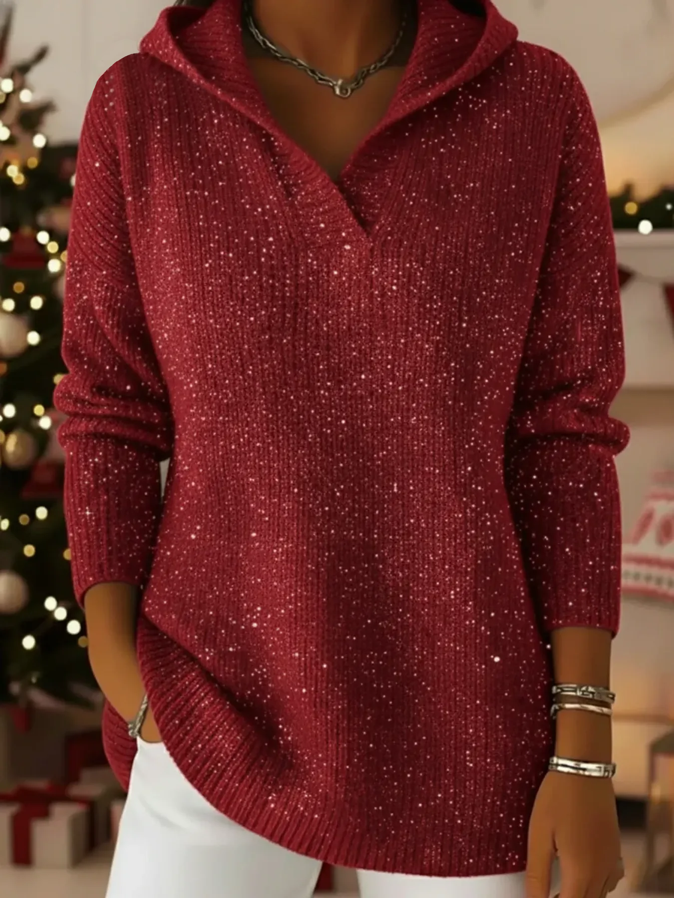 Women's Glittery Hooded Knitted Pullover Sweater