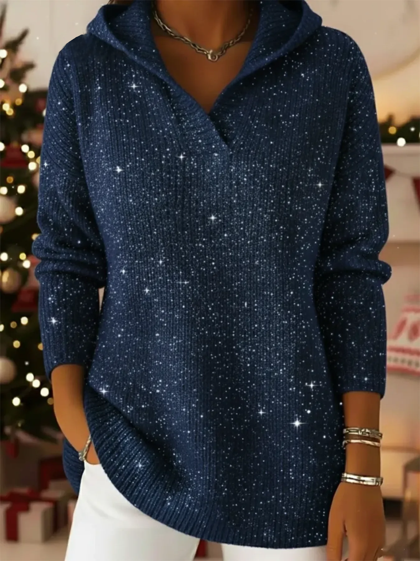 Women's Glittery Hooded Knitted Pullover Sweater