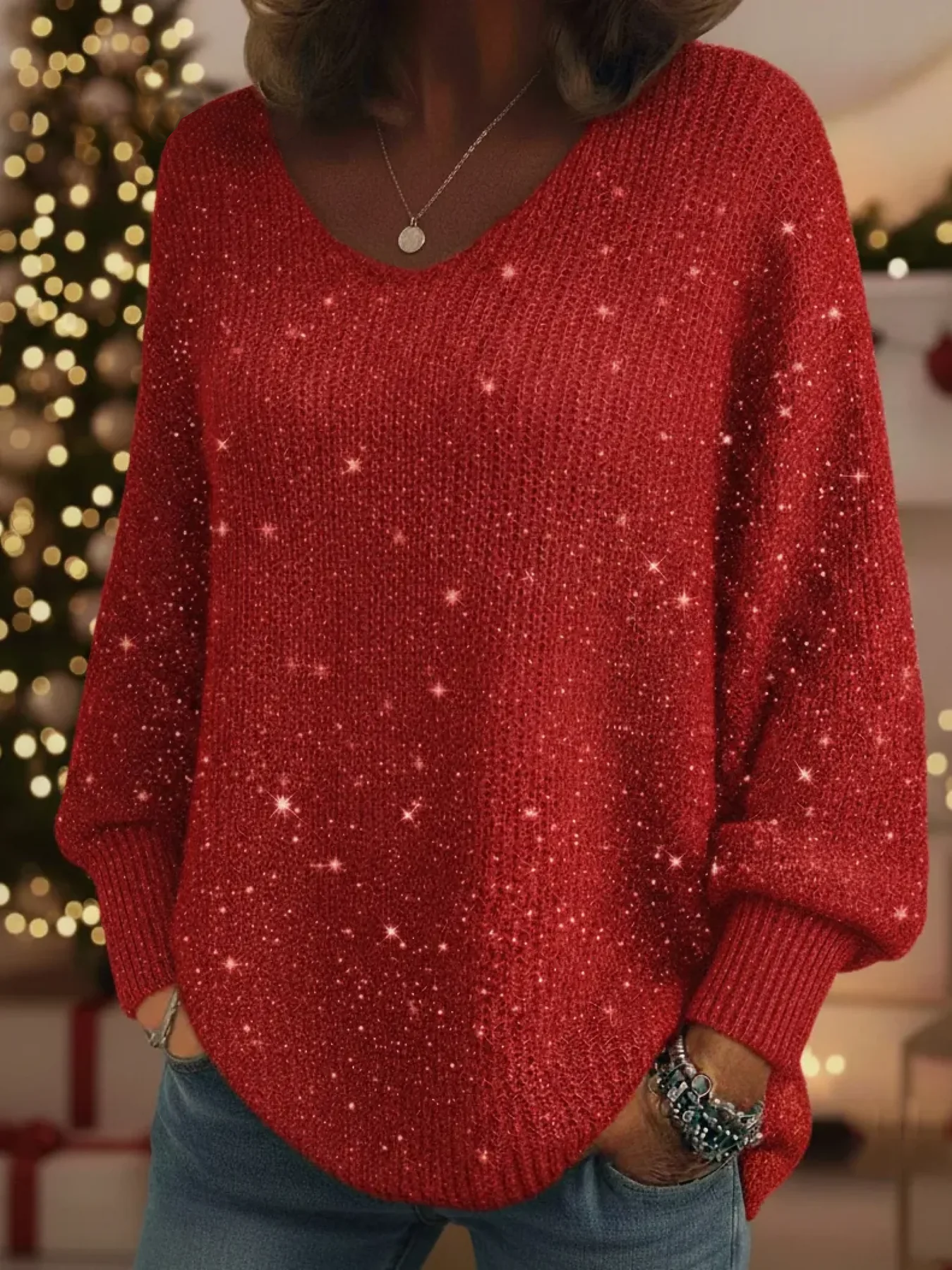 Festive Glitter V-Neck Knit Sweater with Comfy Lantern Sleeves