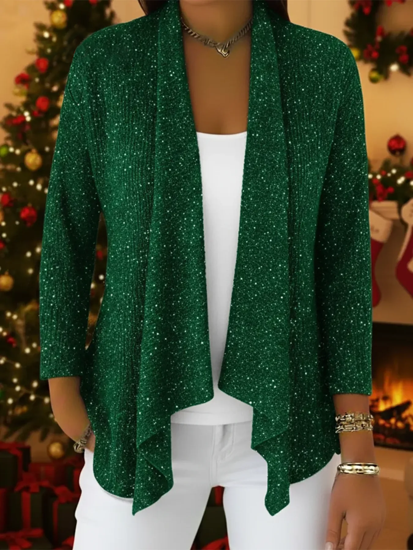 Vintage-inspired Sparkly Knit Cardigan with Asymmetrical Hem