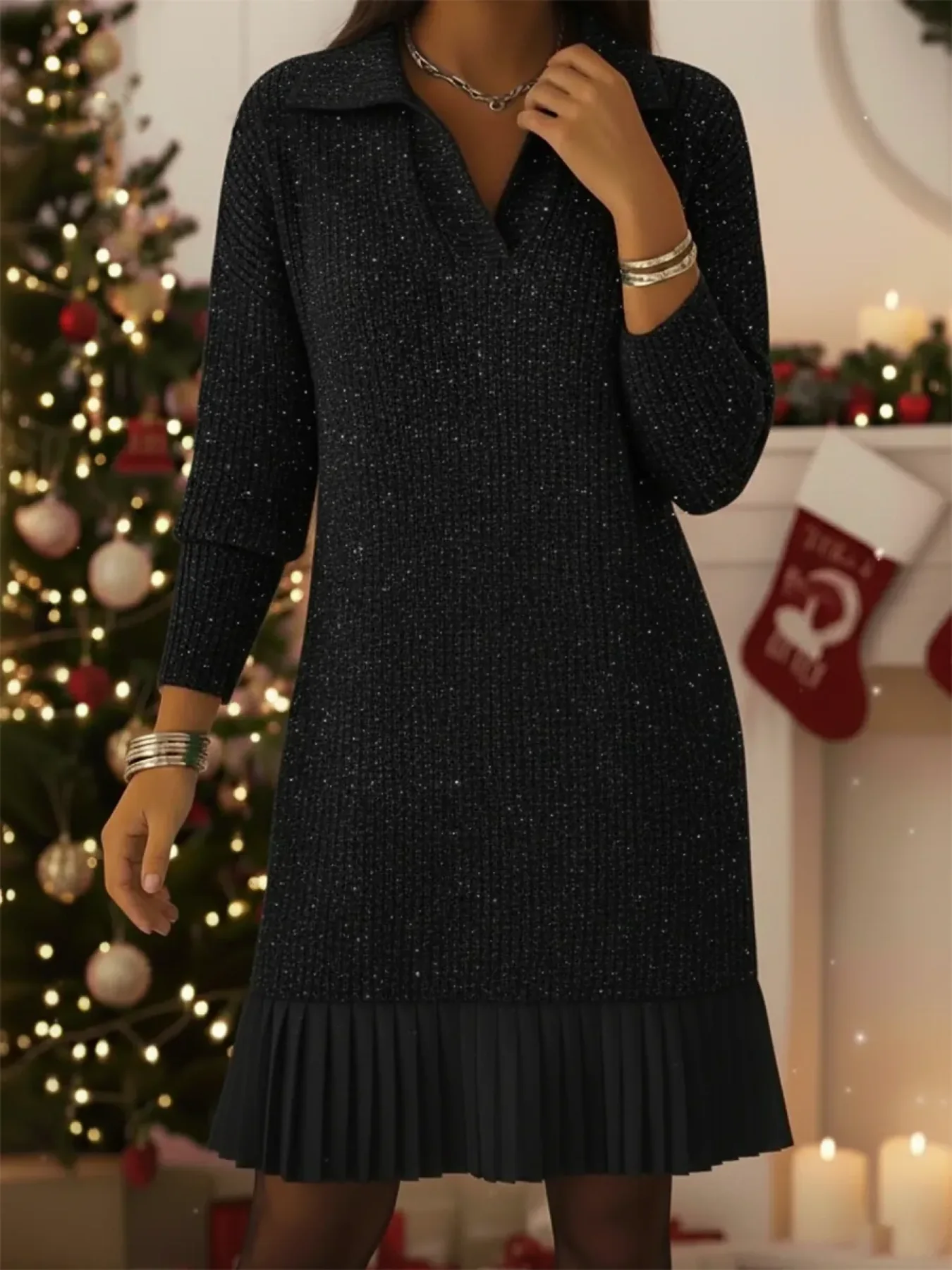 Chic Shimmer Knit Dress Featuring a Refined Polo Neck