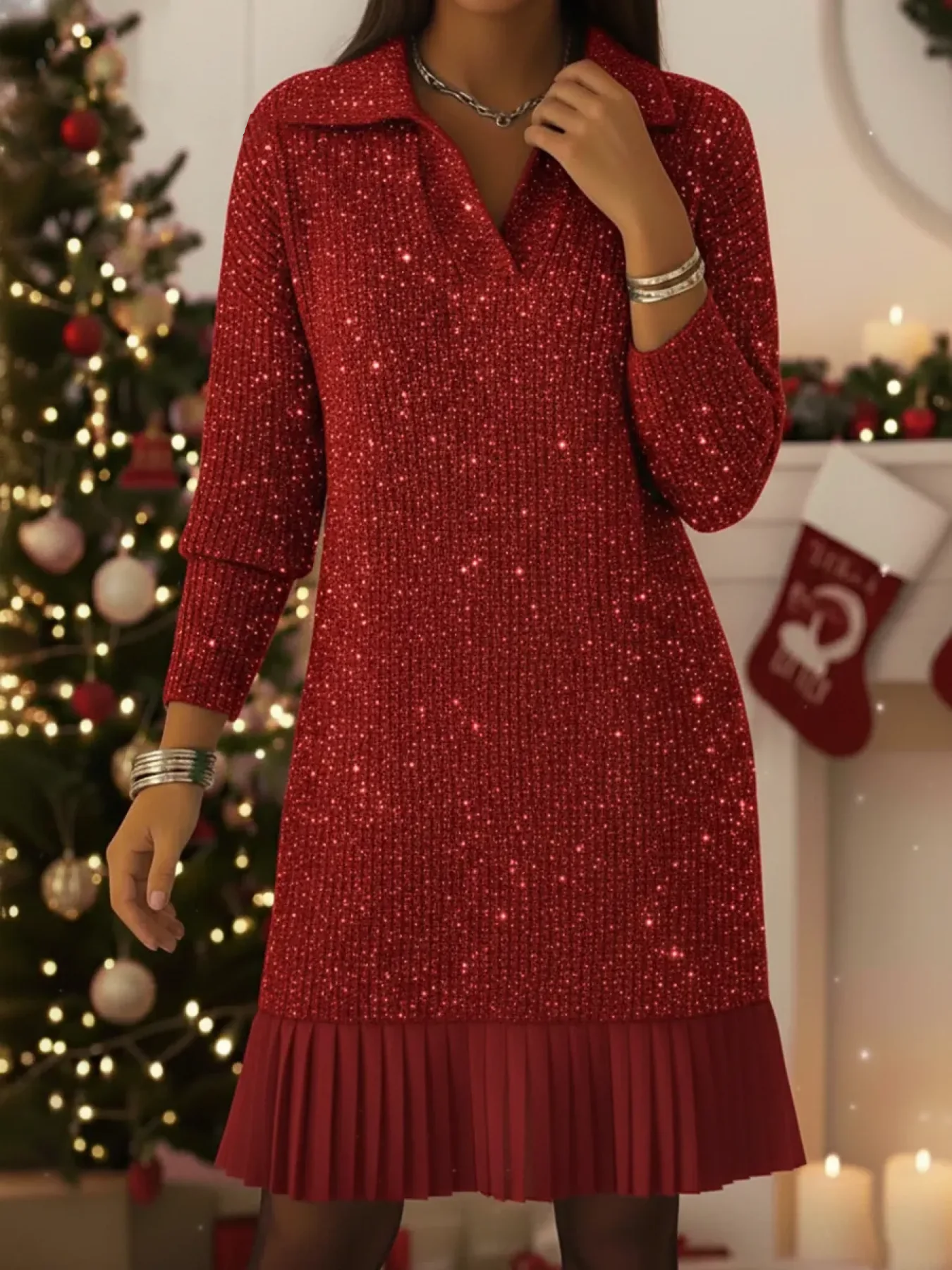 Chic Shimmer Knit Dress Featuring a Refined Polo Neck