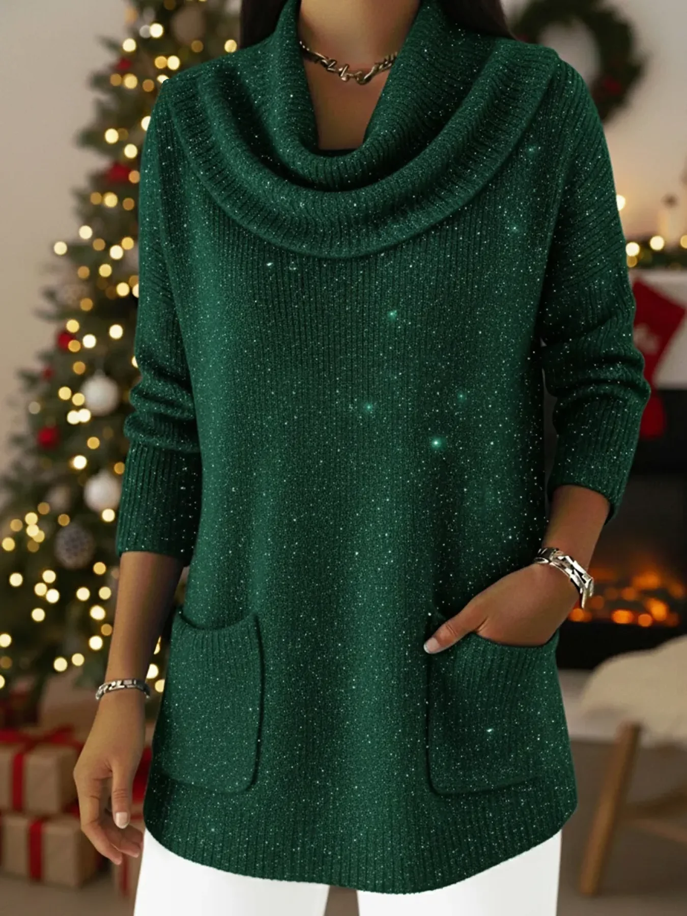 Holiday Chic Shimmer Knit Sweater with a Graceful Cowl Neck