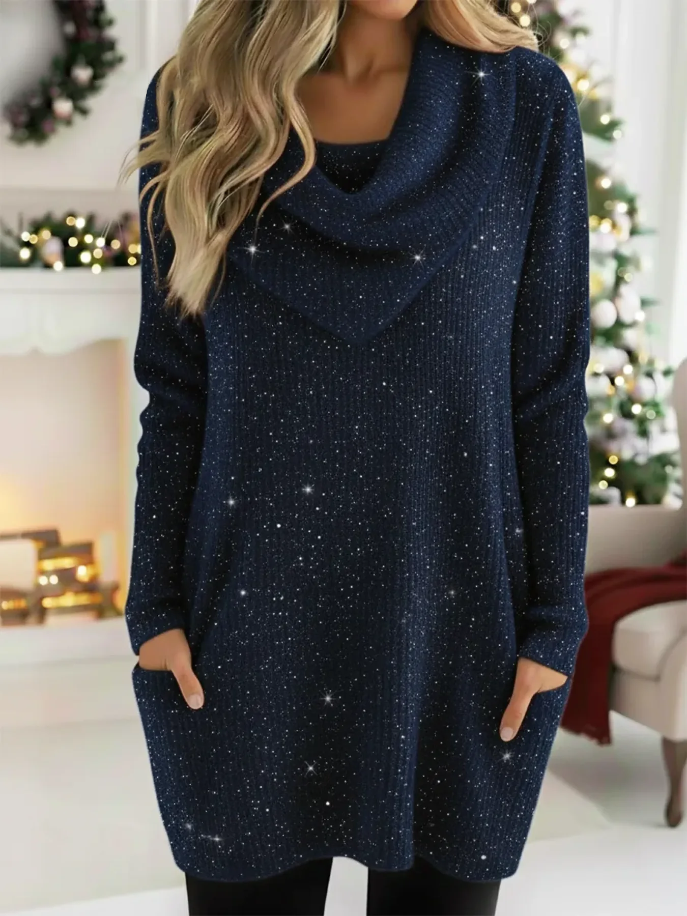 Vintage Christmas Shimmer Sweater with a Cozy Cowl Collar