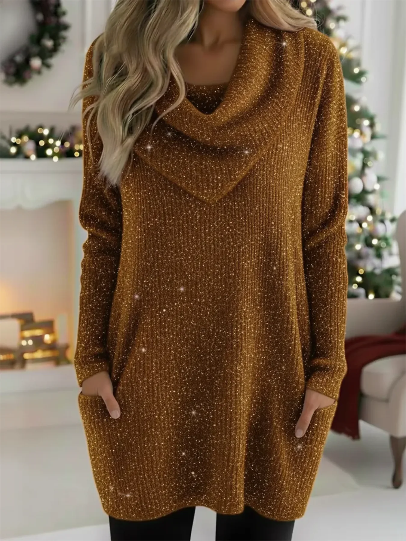 Vintage Christmas Shimmer Sweater with a Cozy Cowl Collar