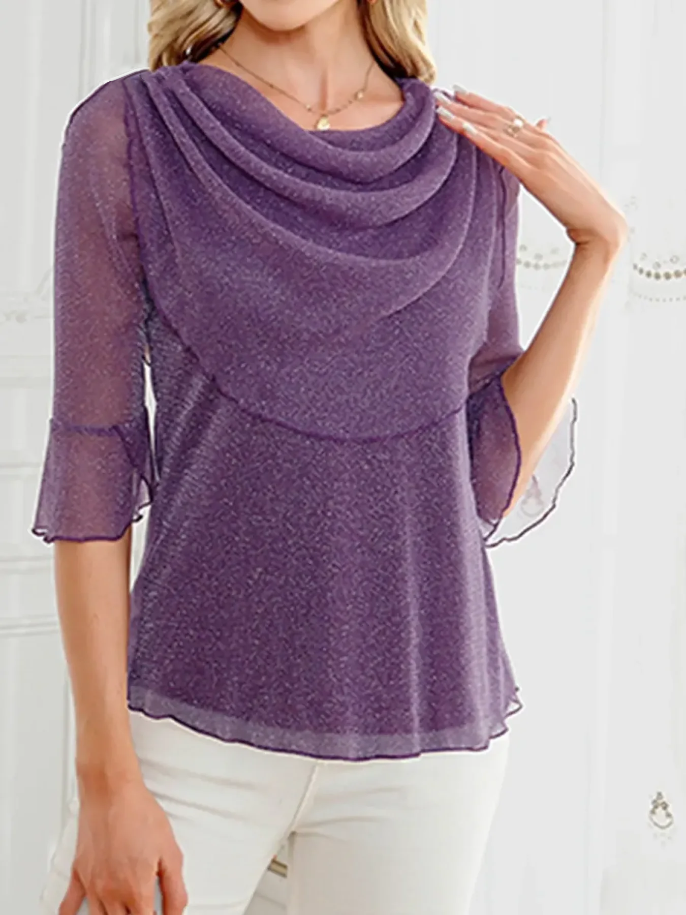 Women's Festive Sparkling Top with an Elegant Draped Neckline