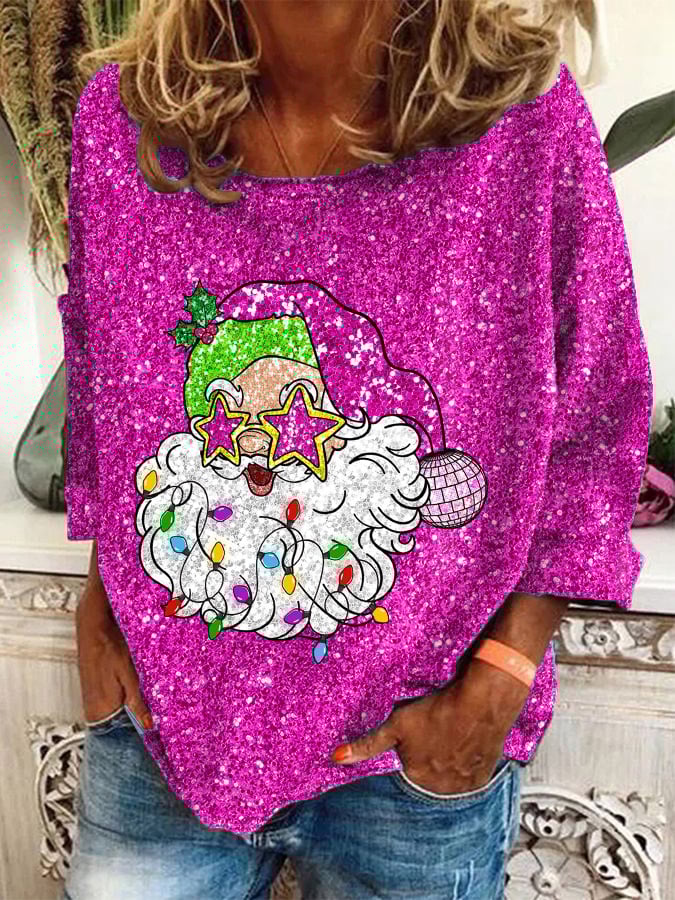 Women'S Pink Santa Christmas Printed Crew Neck Sweatshirt