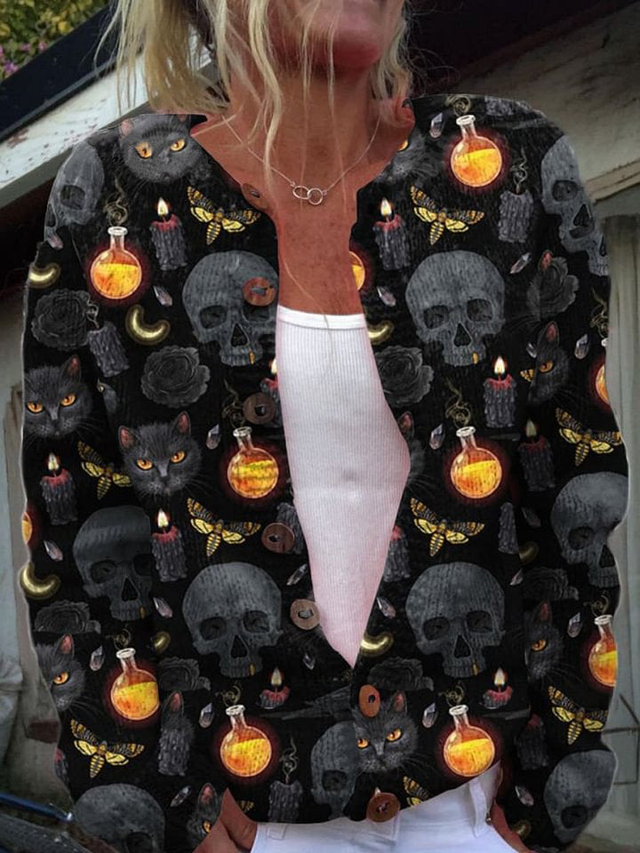 Halloween  Skeleton  Art Print Buttoned Cardigan Sweater