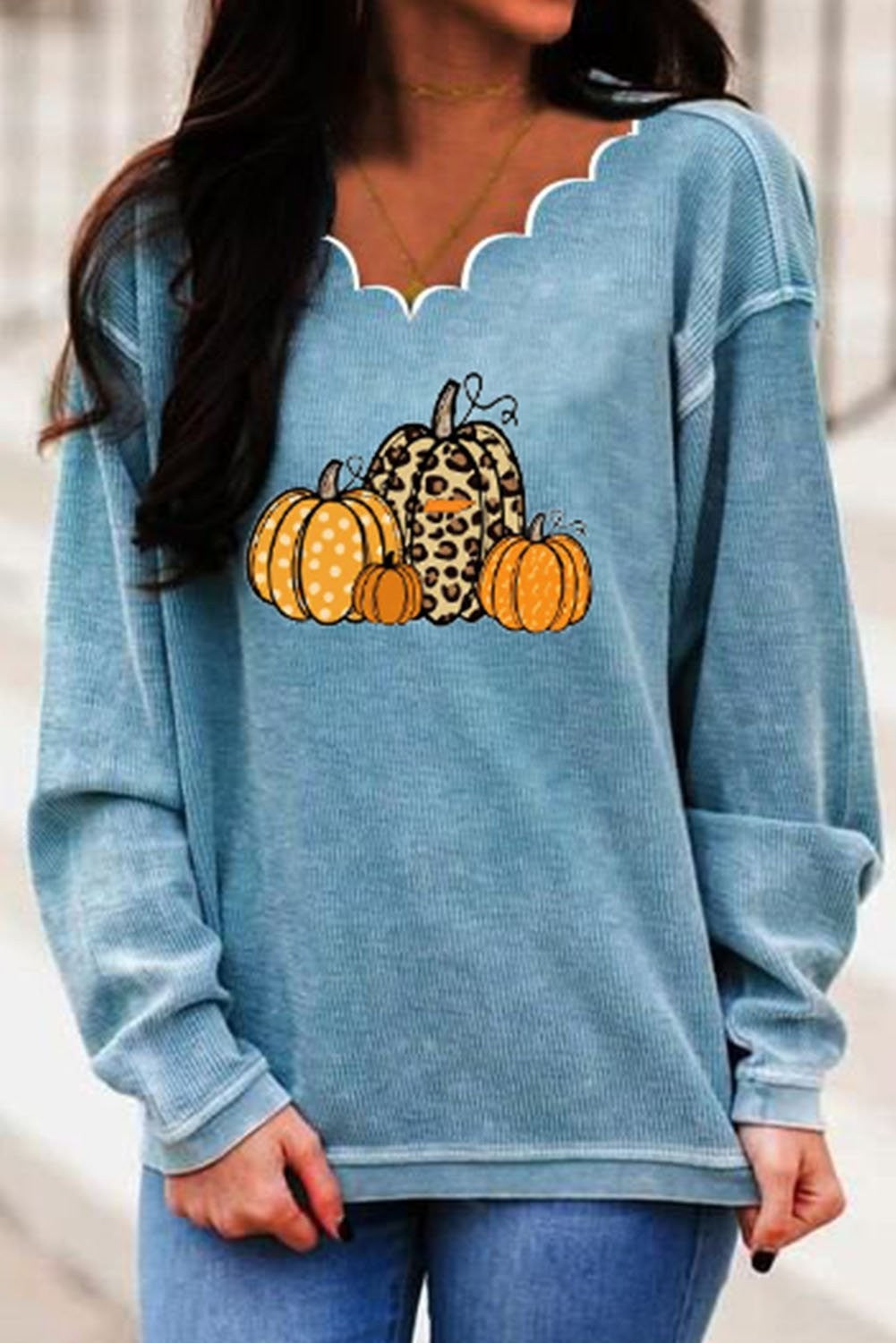 Pumpkin Print V-neck Long Sleeves Sweatshirt