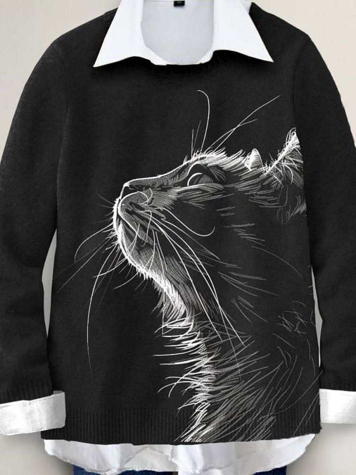 Cat Art Print Knit Pullover Sweater