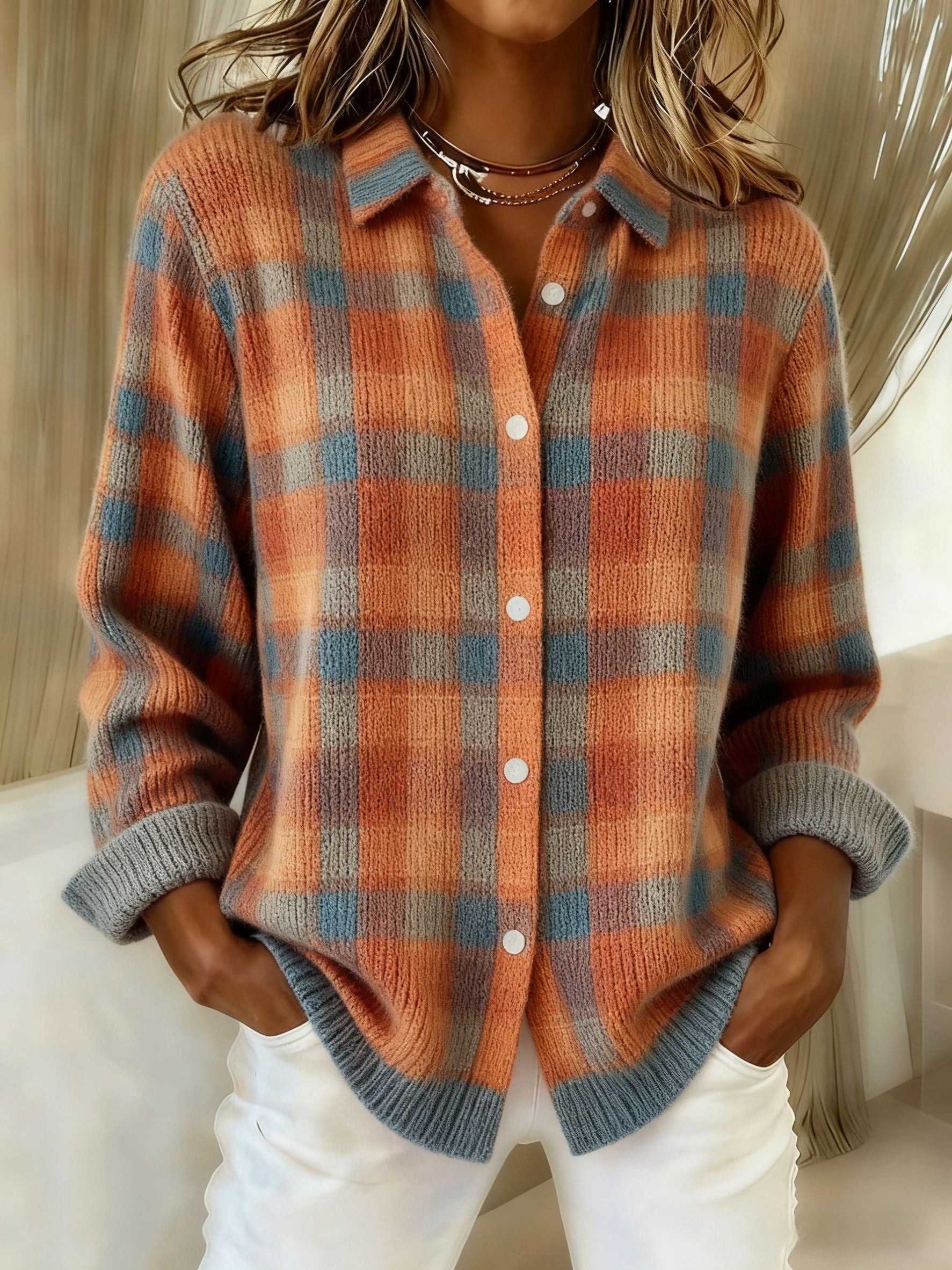 Women's Plaid Print Casual Cotton Buttoned Cardigan Sweater