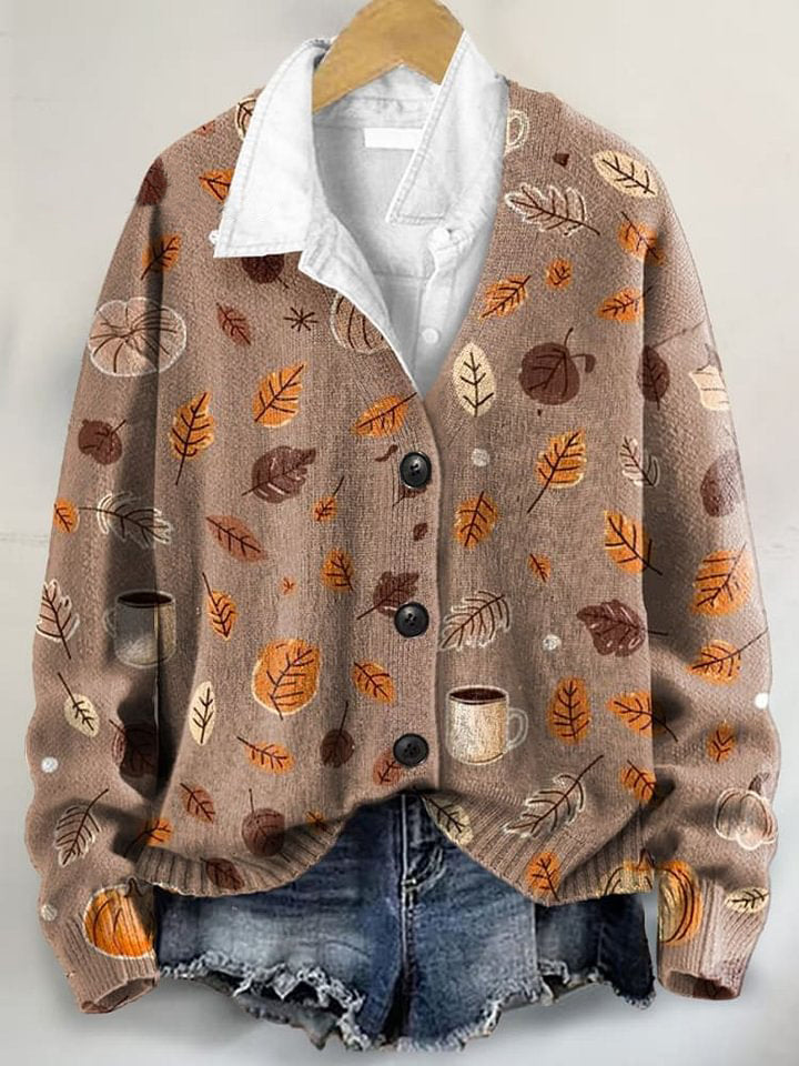 Autumn Leaves And Fruit Art Print Buttoned V-neck Cardigan Sweater