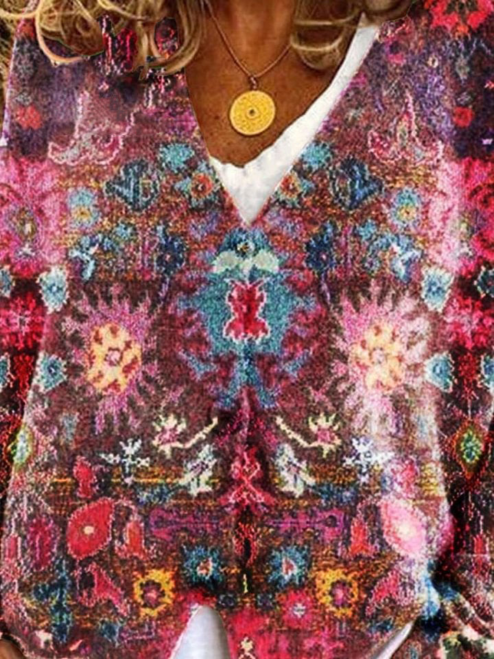 Flower Pattern Art Print Buttoned V-neck Cardigan Sweater