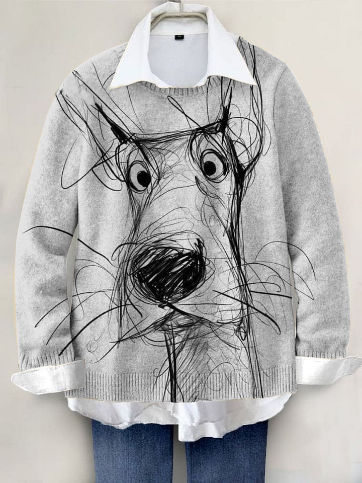 Cute Dog Hand-painted Art Print Knit Pullover Sweater