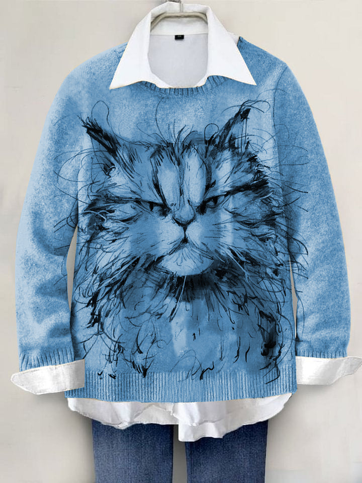 Cute Cat Hand-painted Art Print Knit Pullover Sweater
