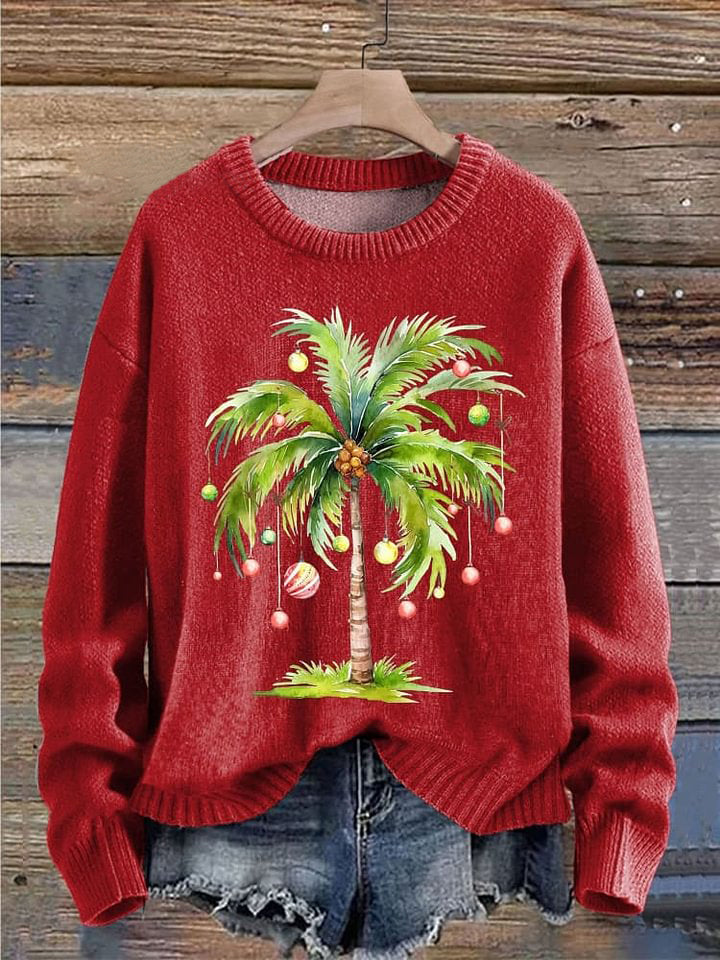 Hawaii Christmas Tree Print Knit Pullover Sweater