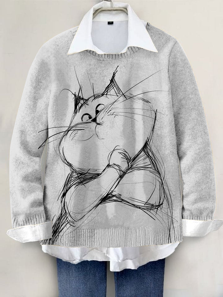 Cute Cat Hand-painted Art Print Knit Pullover Sweater