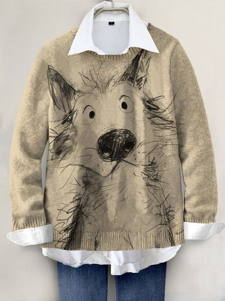 Cute Dog Hand-painted Art Print Knit Pullover Sweater