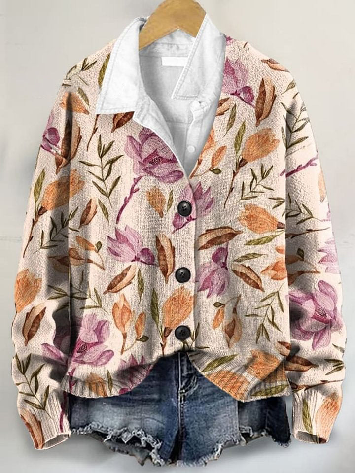 Vintage Flower Art Print Buttoned V-neck Cardigan Sweater