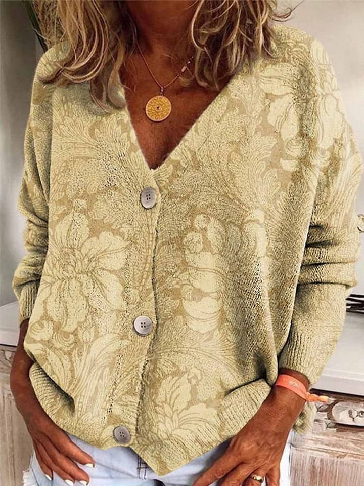 Women's V-neck Vintage Print Long Sleeve Button Casual Cardigan