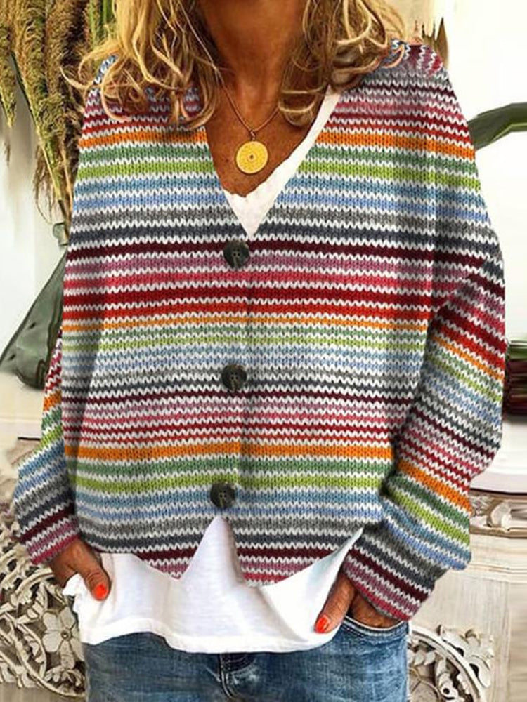 Retro Geometry Print Buttoned Casual Cardigan  Sweater