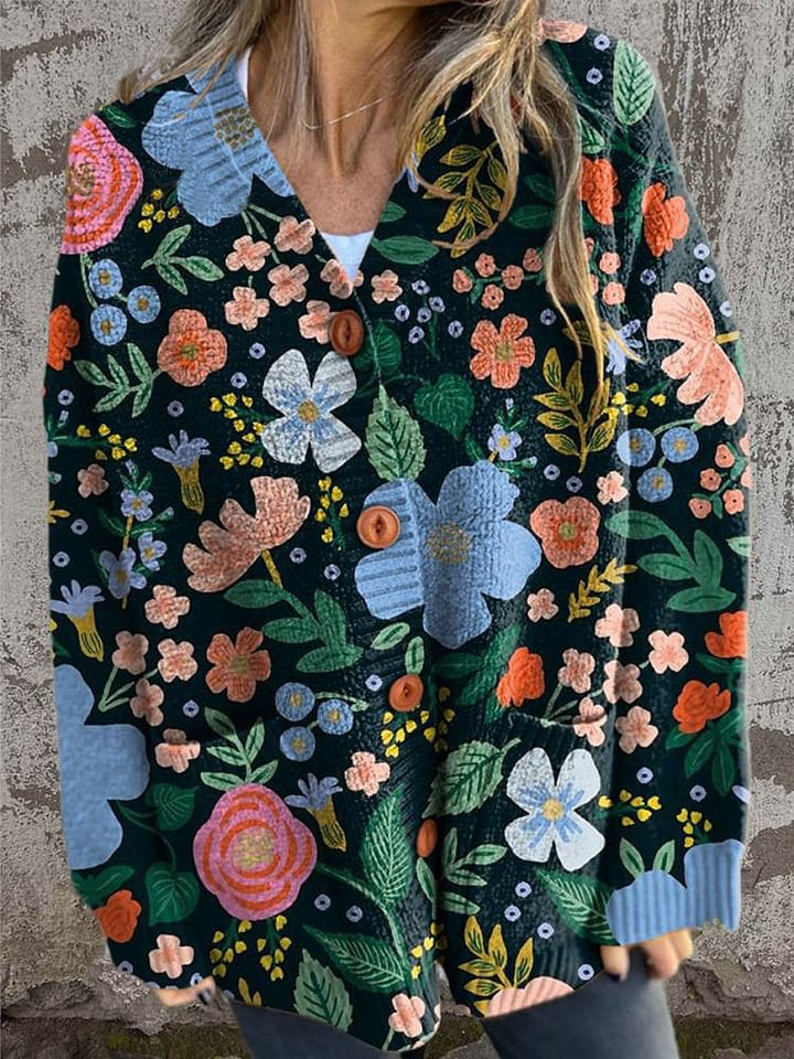 Vintage Lovely Floral Art Print Buttoned Cardigan Sweater