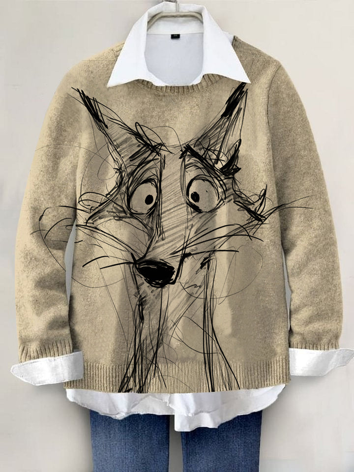 Cute Fox Hand-painted Art Print Knit Pullover Sweater