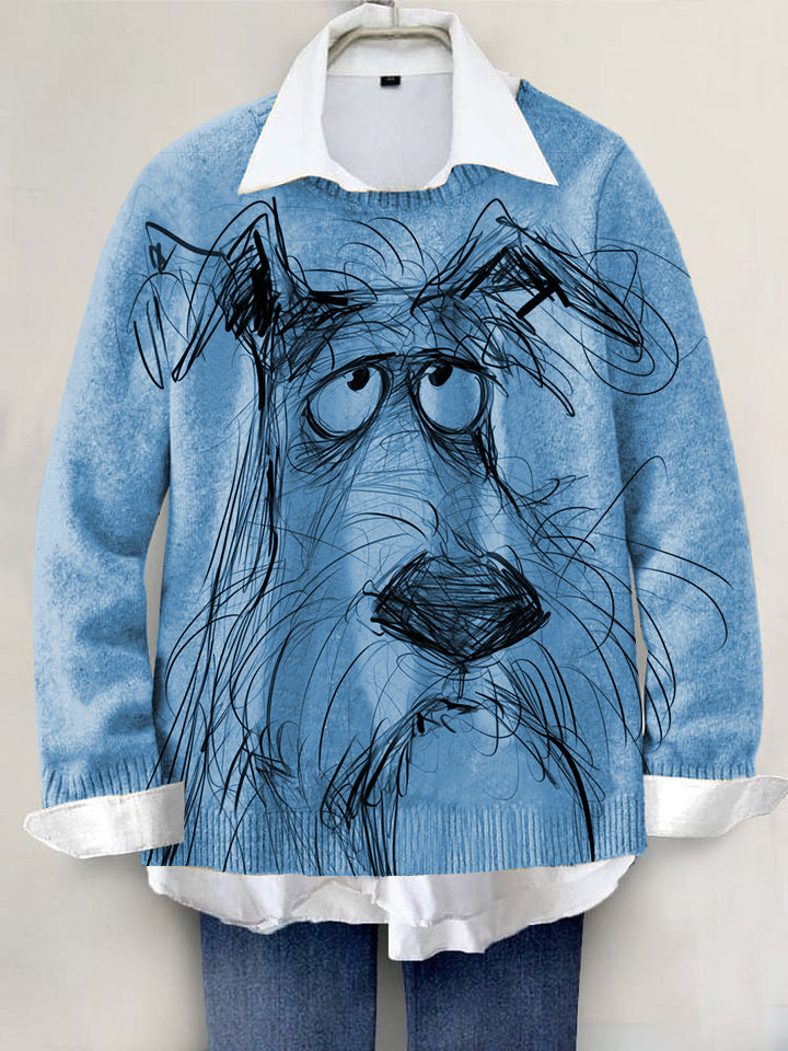 Cute Dog Hand-painted Art Print Knit Pullover Sweater