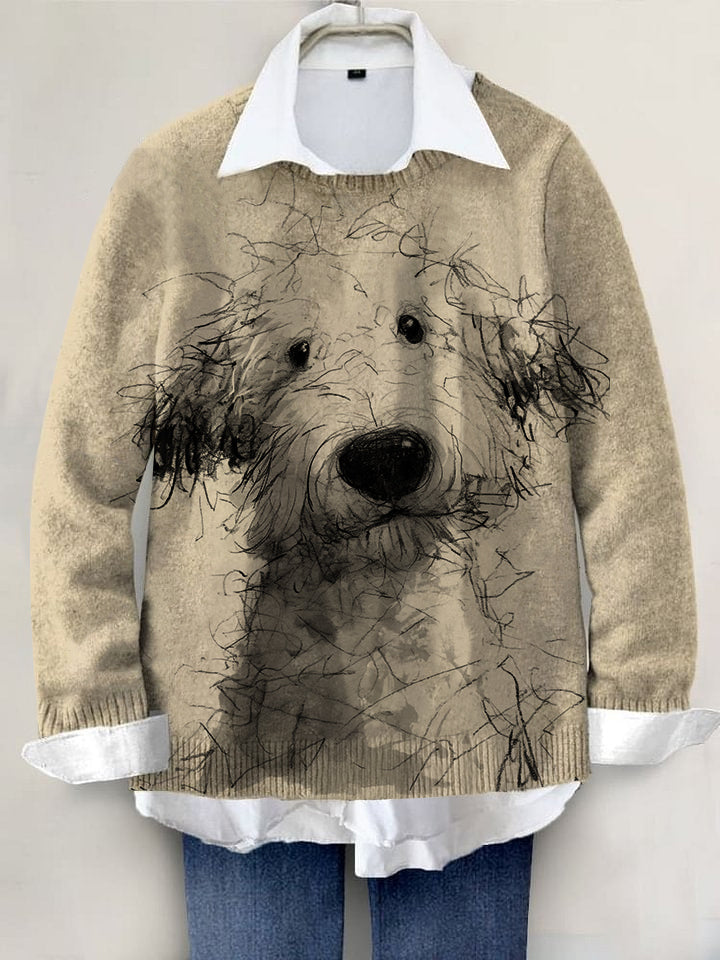 Cute Dog Hand-painted Art Print Knit Pullover Sweater