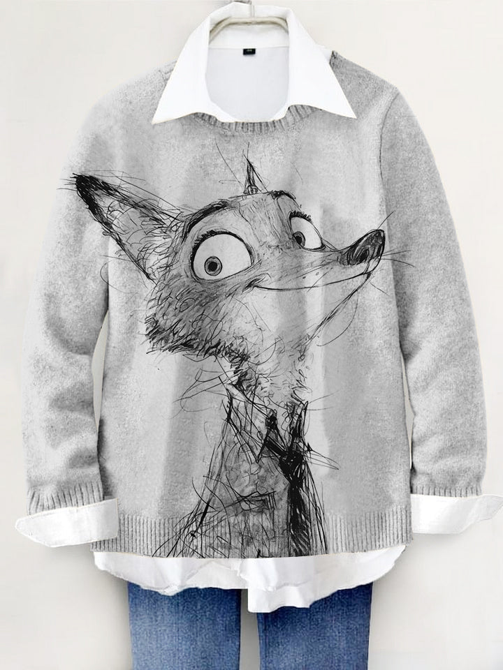 Cute Fox Hand-painted Art Print Knit Pullover Sweater