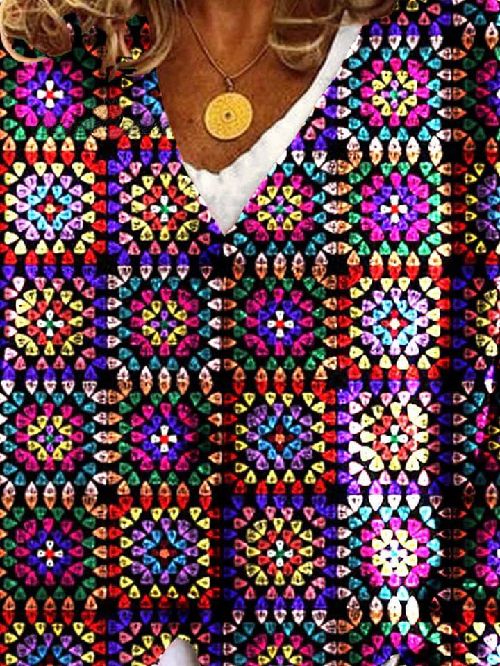 Flower Pattern Art Print Buttoned V-neck Cardigan Sweater