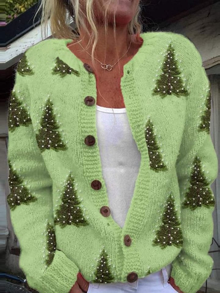 Women's Lovely Christmas Tree Art Print Buttoned Cardigan Sweater