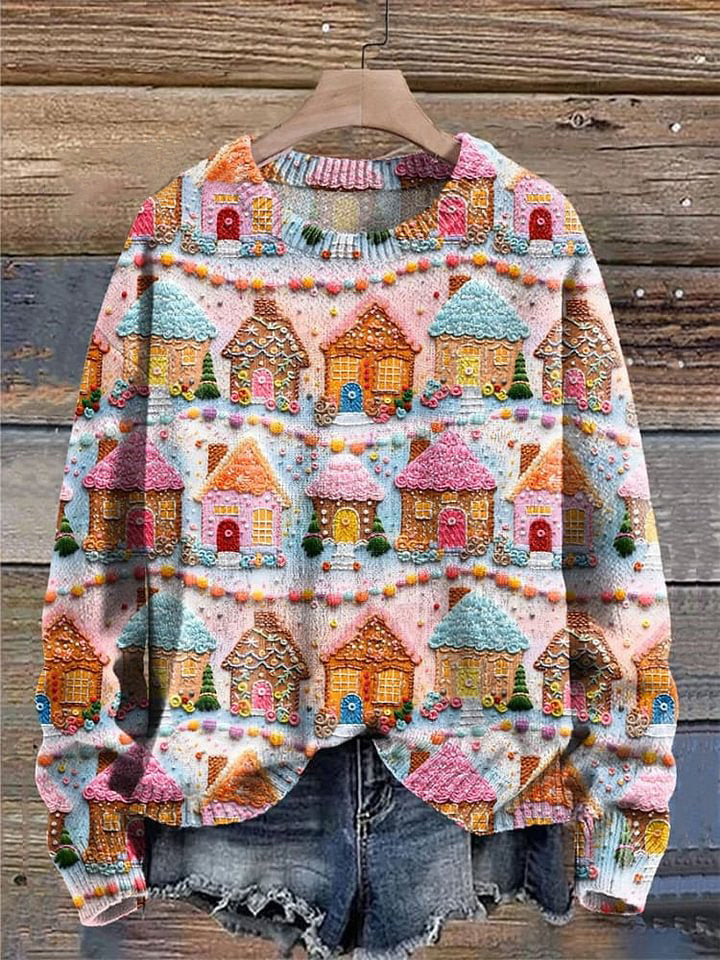 Embroidered Gingerbread Houses Christmas Holiday Print Knit Pullover Sweater