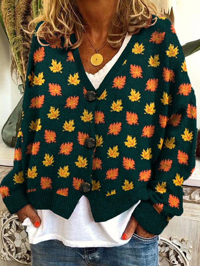 Women's Halloween Maple Leaf Design Printed Loose Button Flannel Cardigan