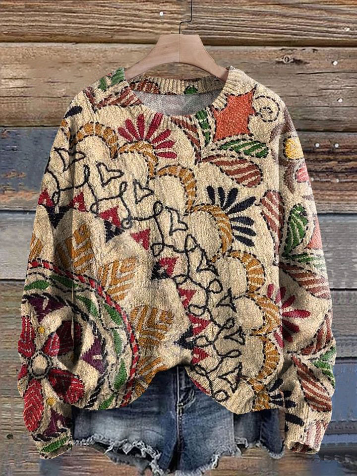 Women's Vintage Mandala Floral Pattern Print Knit Pullover Sweater