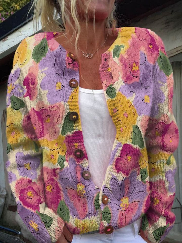 Sfumato Style Flowers Decorative Pattern Buttoned Cardigan Sweater