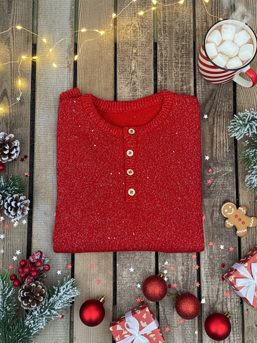 Women's Shiny Henley Neck Solid Color Sweater Top