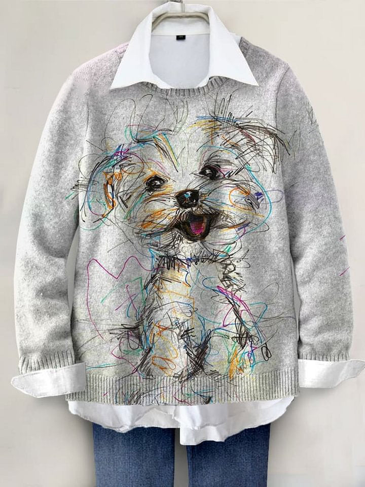 Lovely Dog Hand-painted Art Print Knit Pullover Sweater