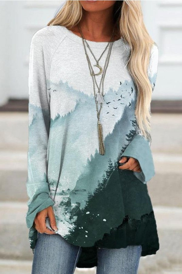 Landscape Print Round Neck Long Sleeves Sweatshirt