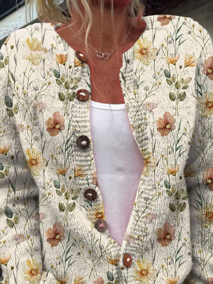 Watercolor Garden Floral Pattern Printed Buttoned Cardigan Sweater