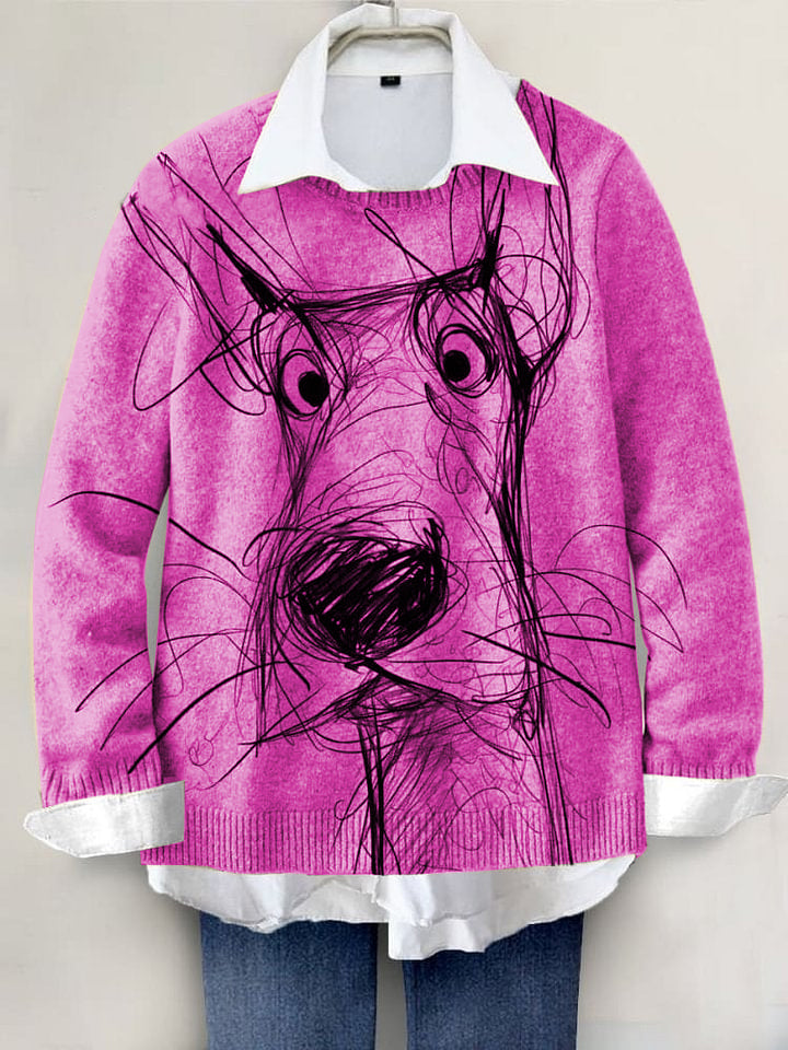Cute Dog Hand-painted Art Print Knit Pullover Sweater