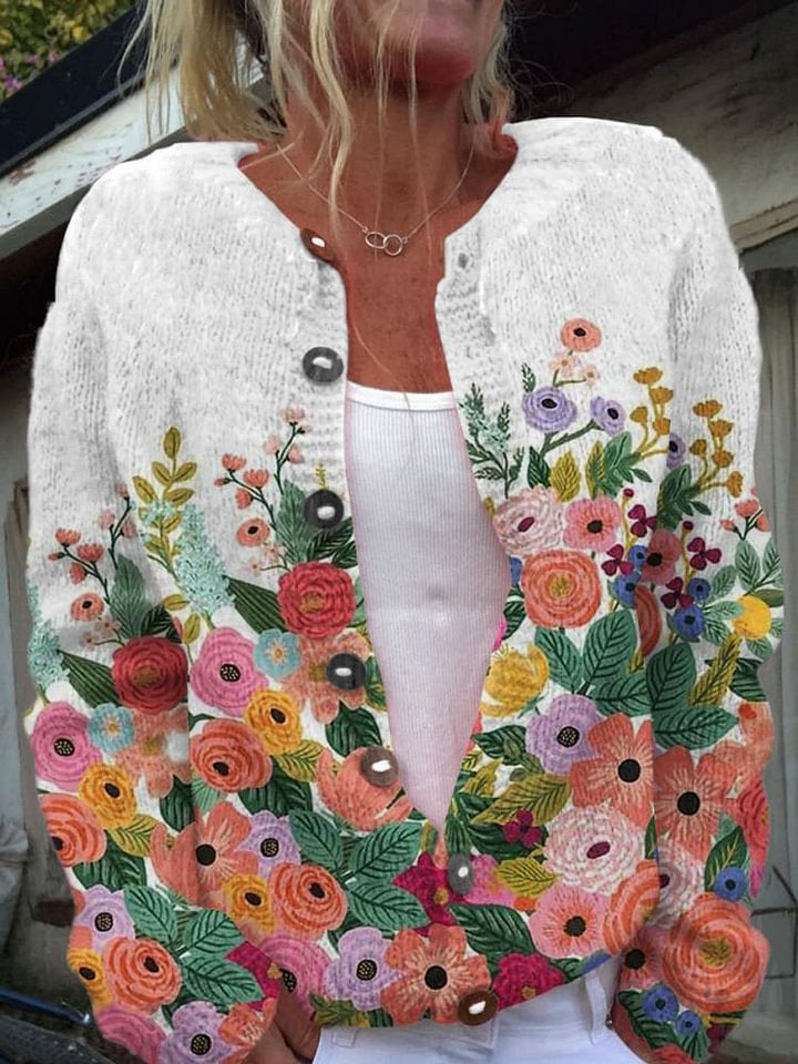 Floral Print Buttoned Casual Cardigan  Sweater
