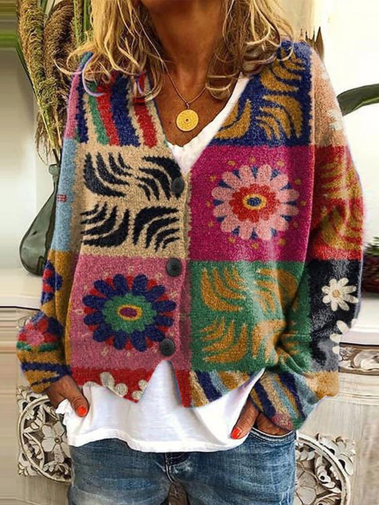 Retro Geometry Print Buttoned Casual Cardigan  Sweater