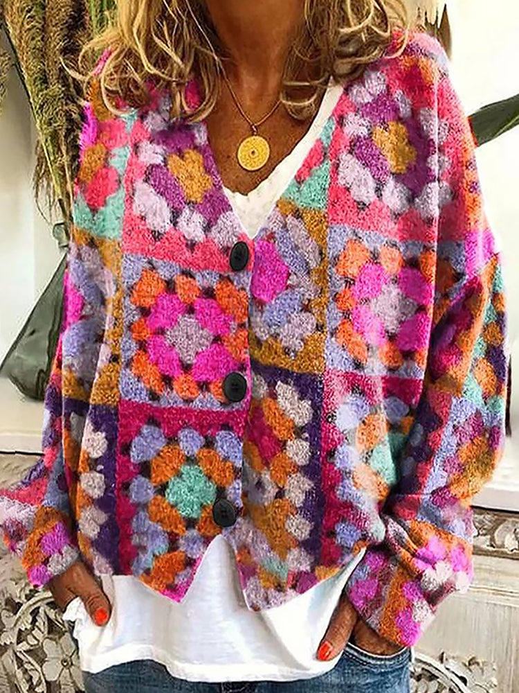 Retro Geometry Print Buttoned Casual Cardigan  Sweater
